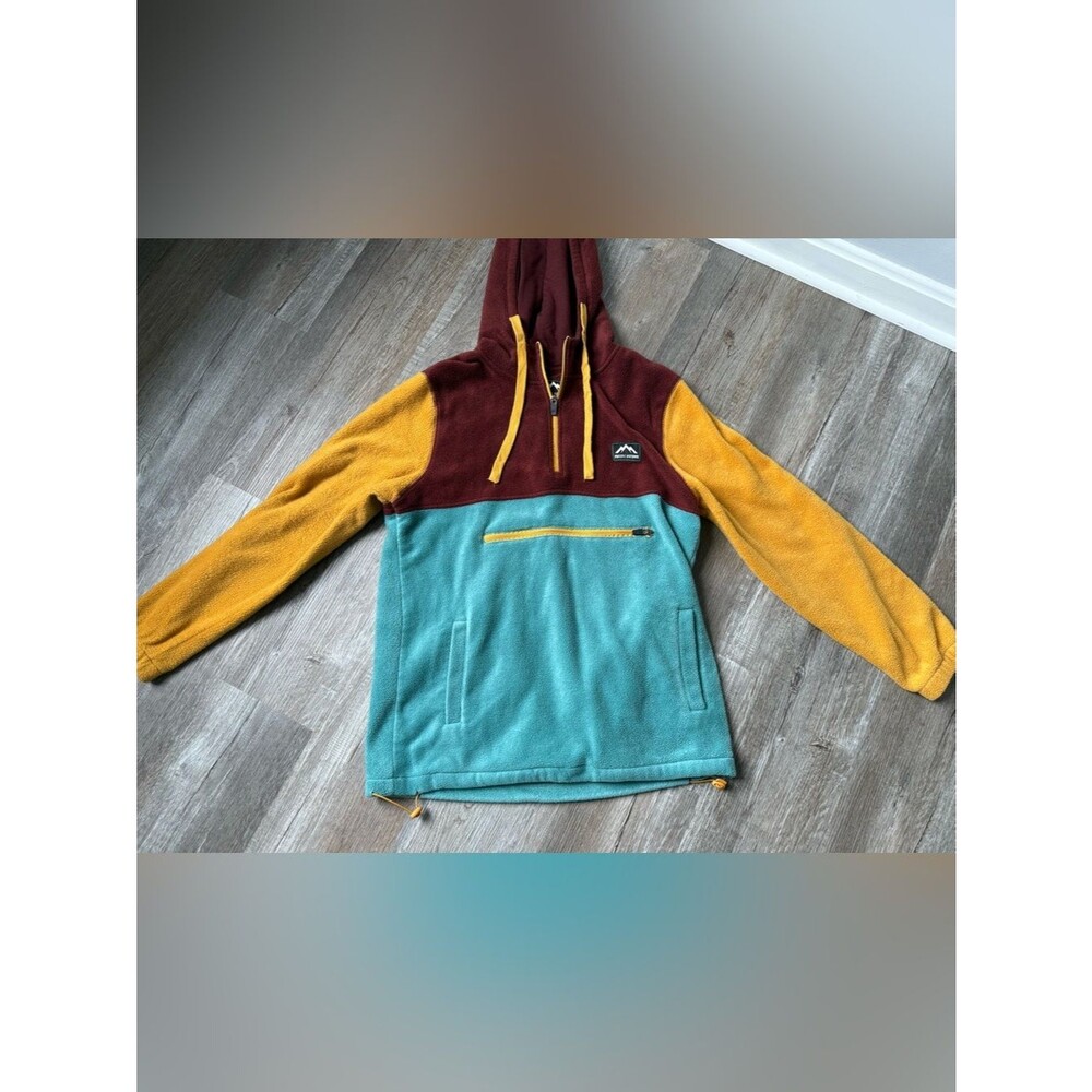 Massive Outdoors Color Block Fleece Pullover Hoodie Teal Maroon Yellow Size S